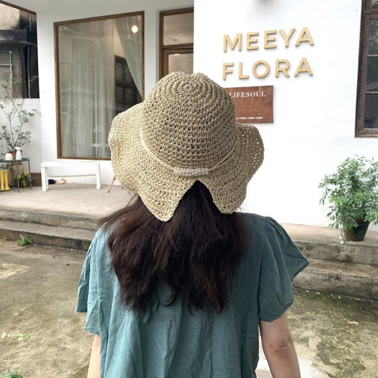 Stroh hohler Strohhut Damen Sommer Reise Strand Sonnenschutz Hut mit großer Krempe Mode Perlendekoration faltbarer Sonnenhut