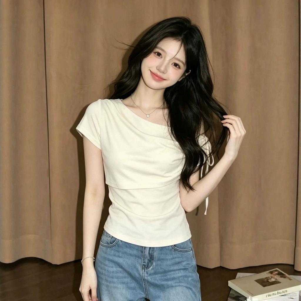 Design apricot slanted shoulder off-the-shoulder strap short-sleeved t-shirt women's summer pure desire pleated waist slim-fitting top