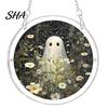 Transparent Halloween Wall Decor Acrylic Suncatcher Jigsaw Puzzle Set, Spooky Ghost Floral Meadow Window Hanging Ornament with Metal Cheerful Frame &