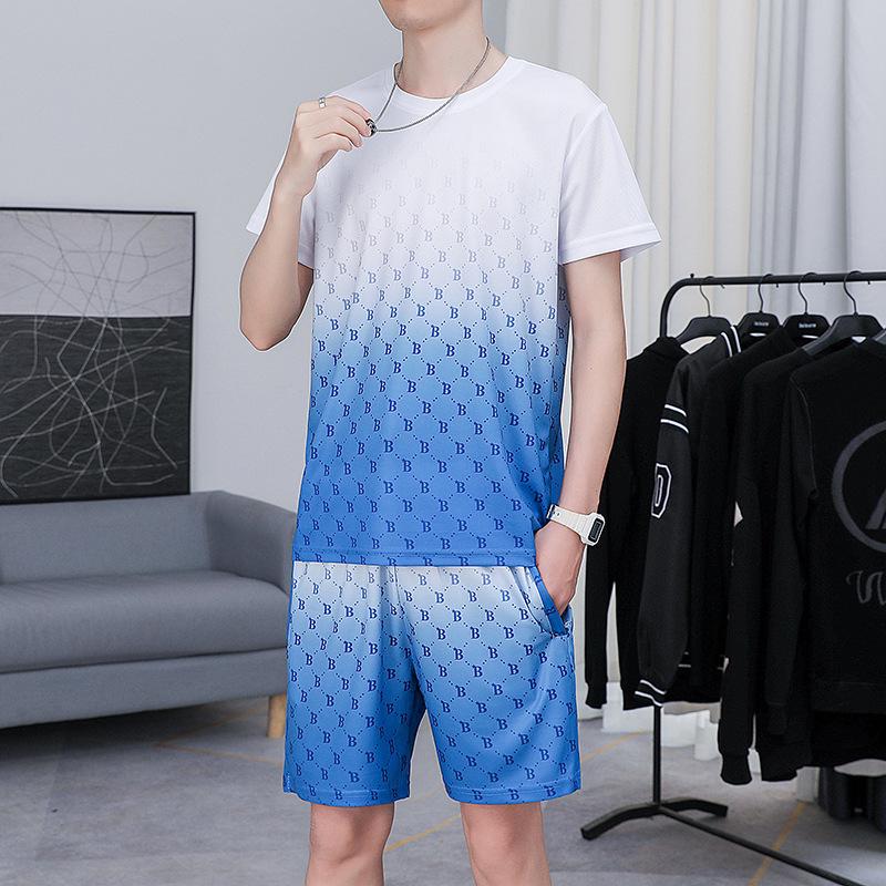 

Комплект мужских свободных повседневных больших повседневных спортивных мужских капри из ледяного шелка, состоящих из двух частей, футболки с короткими рукавами XXXXXL синий