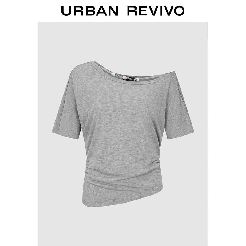 UR 2025 Autumn Women s Casual Off-Shoulder Beaded Pleated Irregular T-Shirt L