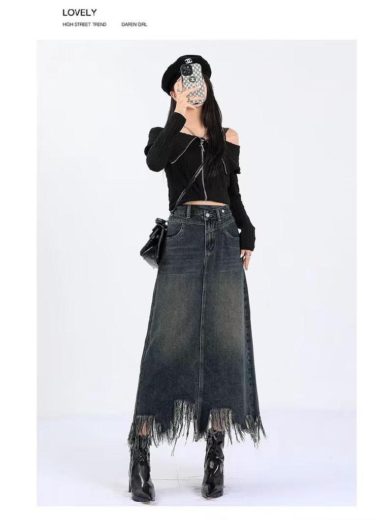 Women's High-Waisted Denim Midi Skirt, Autumn 2025: Slimming A-Line with Split, Fringe, and Hip-Hugging Design