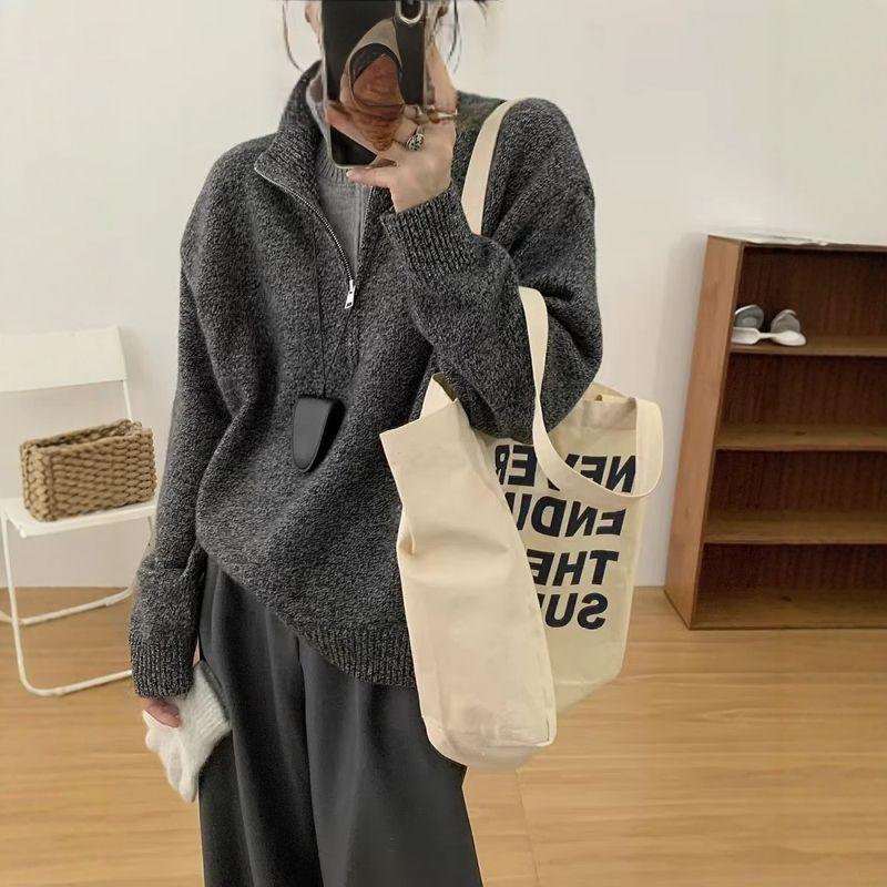Fake two high-end design sweaters lazy new knitted sweaters casual versatile loose autumn and winter zipper tops