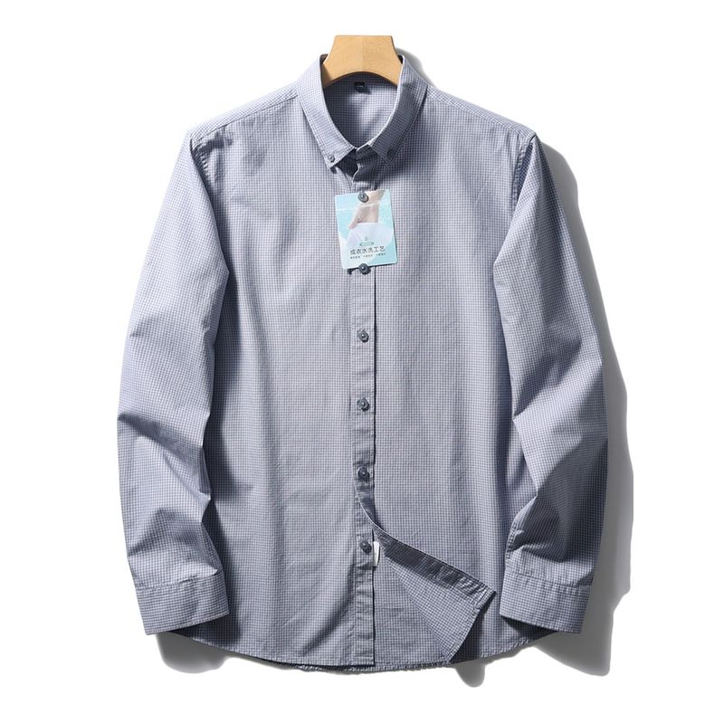 Pure Cotton Small Plaid Shirt Men Long Sleeves Spring and Autumn 2024 Business Casual Jacket Export Export Cotton Shirt Gray Grid 3XL
