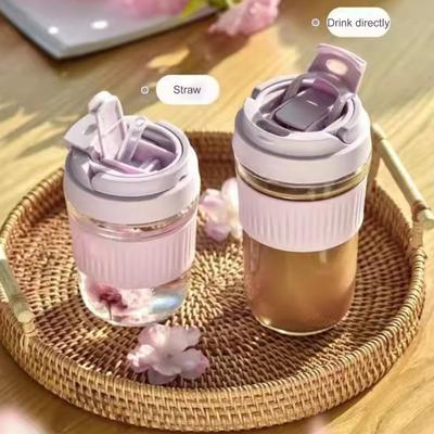 Portatif Silikon Pipetli Cam Bardak 350/500ml Sızdırmaz Yeniden Kullanılabilir Kahve Kupası Ofis Okul İçin Sıcak Soğuk İçecekler İçin Cam İçecek Kabı