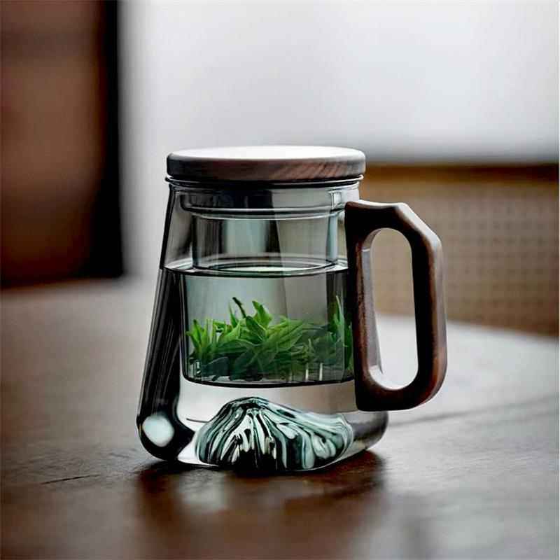 400ml Heat-resistant Glass Tea Cup With Tea Infuser Filter Walnut Wooden Handle Lid Tea Mug Drinkware