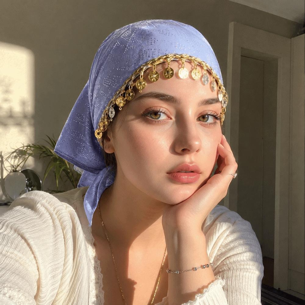 Floral Print Golden Beaded Hijab Breathable Elegant Turban Hat Fashion Triangle Headscarf Eid Gift