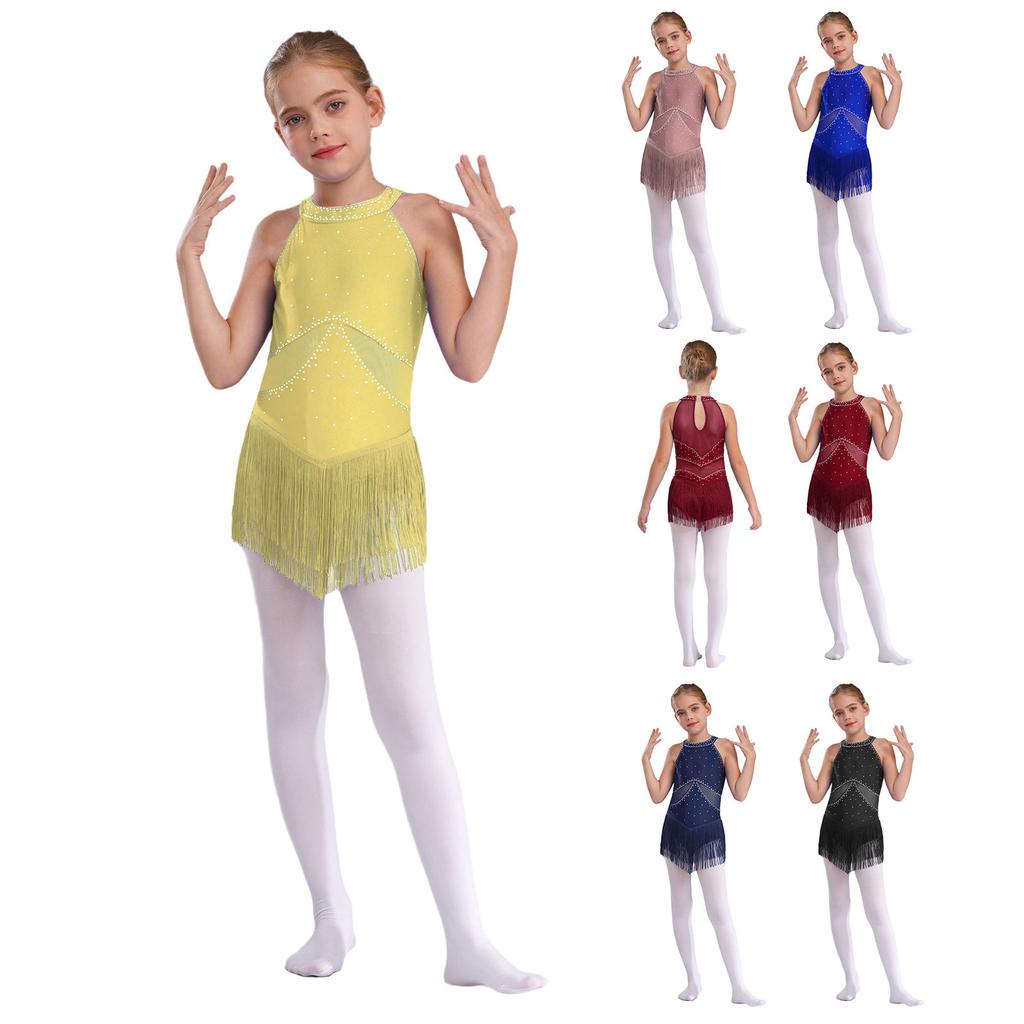 Kids Girls Glittery Rhinestones Fringed Leotard Sheer Mesh Patchwork Keyhole Back Tassel Bodysuit