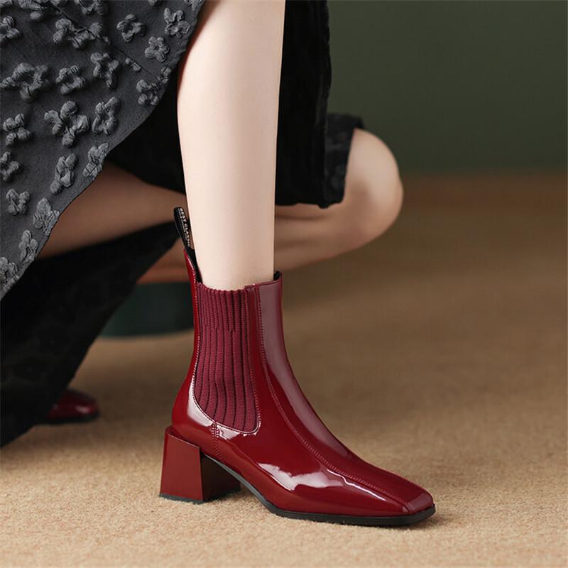 Mode Nouvelles Bottes d'Hiver en Cuir Verni pour Femmes, Bout Carré, Bottines Courtes de Mode, Bottes Chelsea Faites Main, Talons Hauts