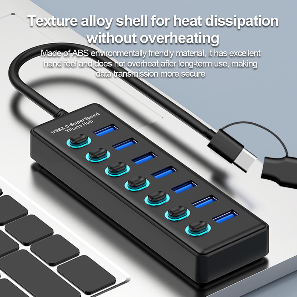KEBIDUMEI USB HUB 7 Ports USB3.0 Splitter 5Gbps with Individual Switch Power Adapter for Laptop USB Ports Extender USB-C Docking