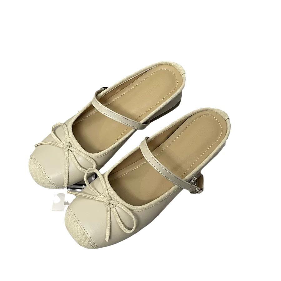 2024 summer new bow Mary Jane cool slippers French thick bottom inner heightening bag head half slippers women's outer wear