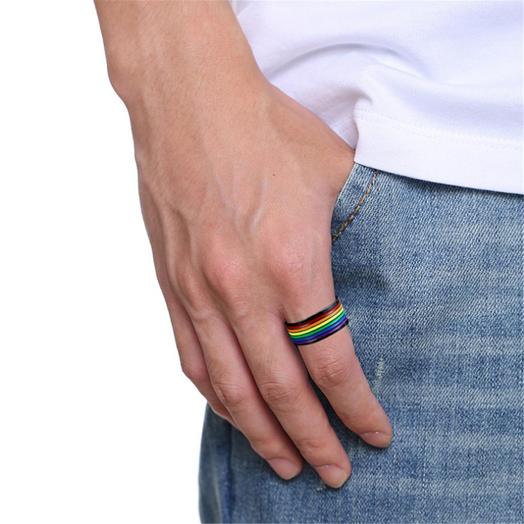 Fashion Men Stainless Steel Black Rainbow Color Ring Band Pride Gay Rings Finger Jewelry Gift