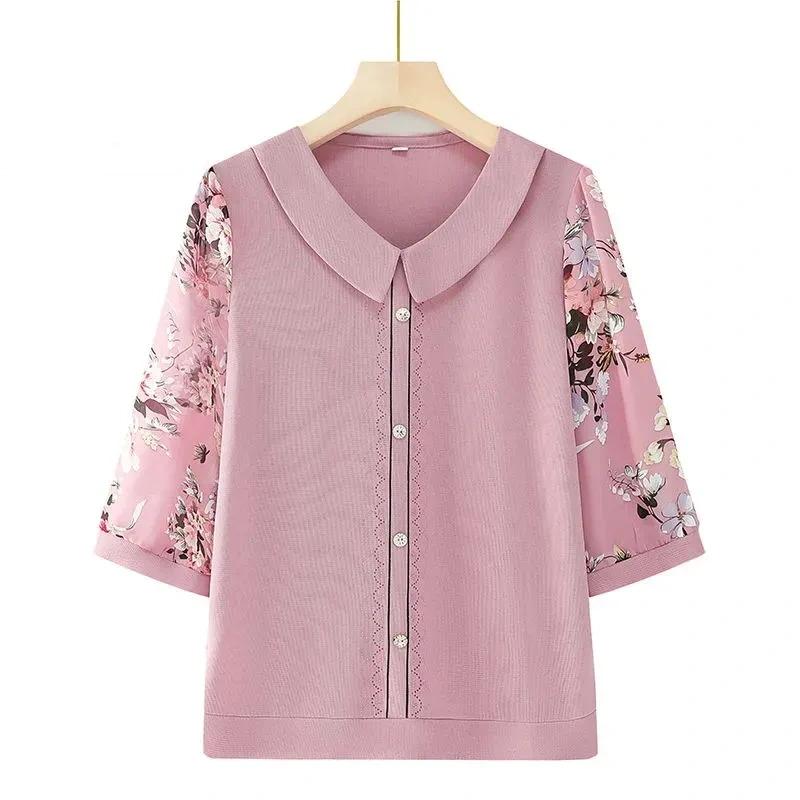 Cămașă cu fundul cu rever pentru mamă, femei de vârstă mijlocie, cu imprimeu cu temperament, top din șifon cu mâneci, primăvară, toamnă, tricou tricotat 5XL