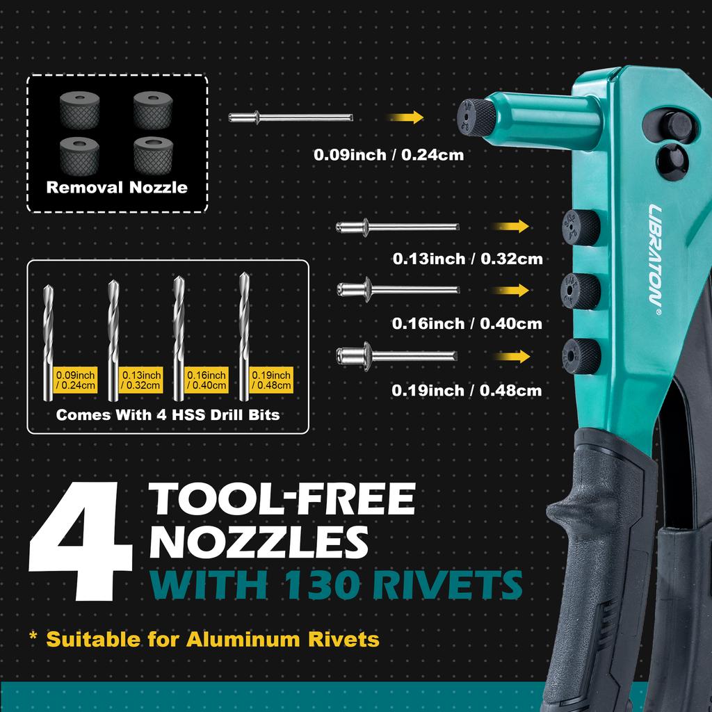Libraton Rivet Gun Kit with 130 Blind Rivets, 4 HSS Drill Bits, 4 Tool-free Riveter Heads Heavy Duty Rivet Tool Hand Riveter