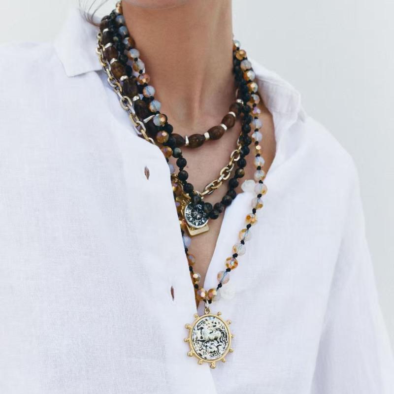 Creative Multilayer Beads Pendant Necklace For Women Men Round Coin Drop Jewelry Gift