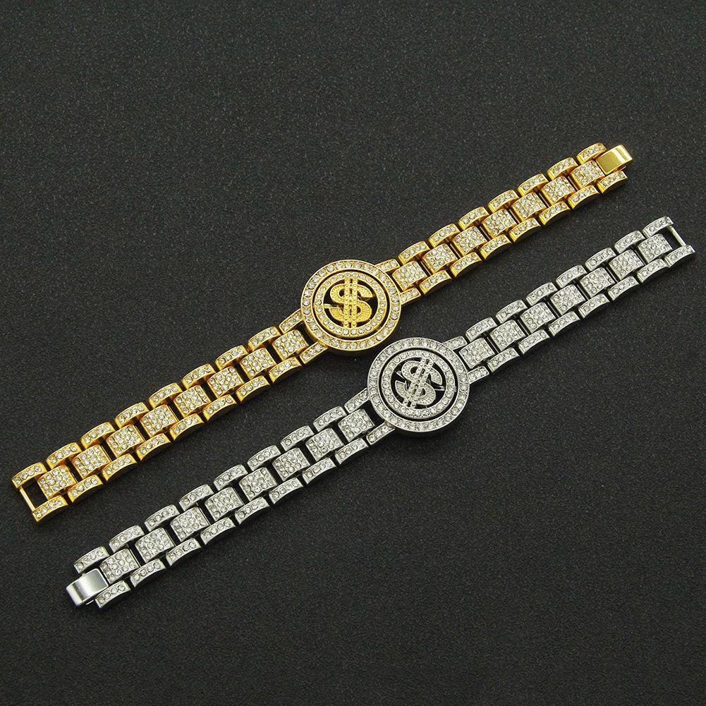 European Hip Hop Cool Men's Rotating Dollar Watch Band Bracelet Fashionmonger Personalized Cool Full Diamond Punk Bracelet