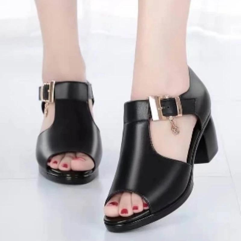 Ladies Shoes On Sale 2024 Brand One-word Buckle Women's Sandals Summer Solid Open Toe Chunky Heels Roman Fish Mouth Sandals