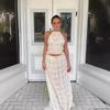 Women's Halter Neck Sheer Chiffon Ruffled Crop Top & Drawstring Maxi Skirt 2 Piece Set