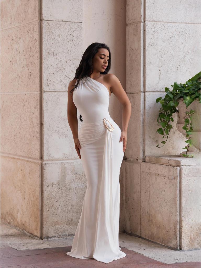 European & American One-Shoulder Pleated Slim Fit Open-Back Dress