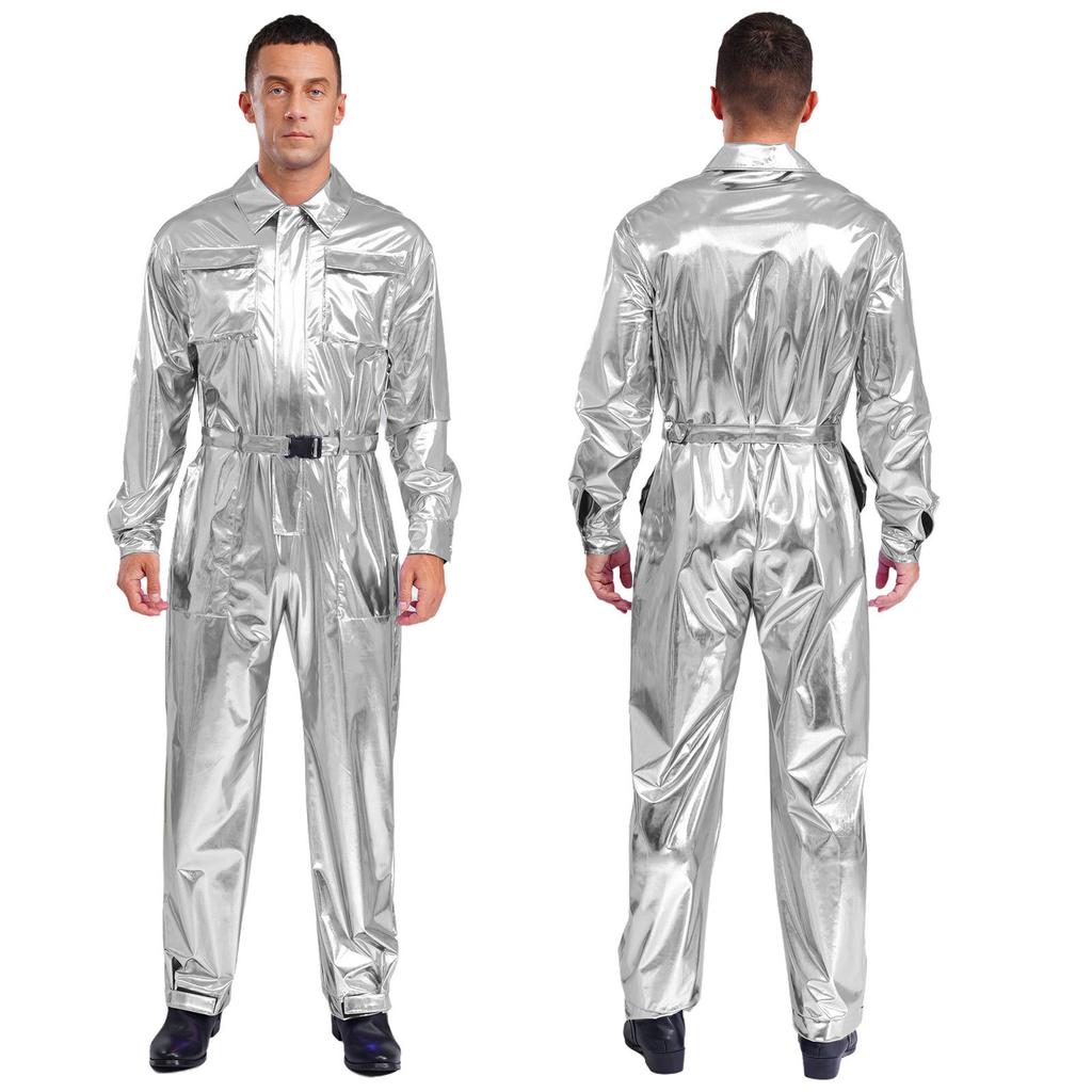 Glanzende Metallic Turn-down Kraag Lange Mouwen Hoge Taille Jumpsuit Heren Halloween Kostuum