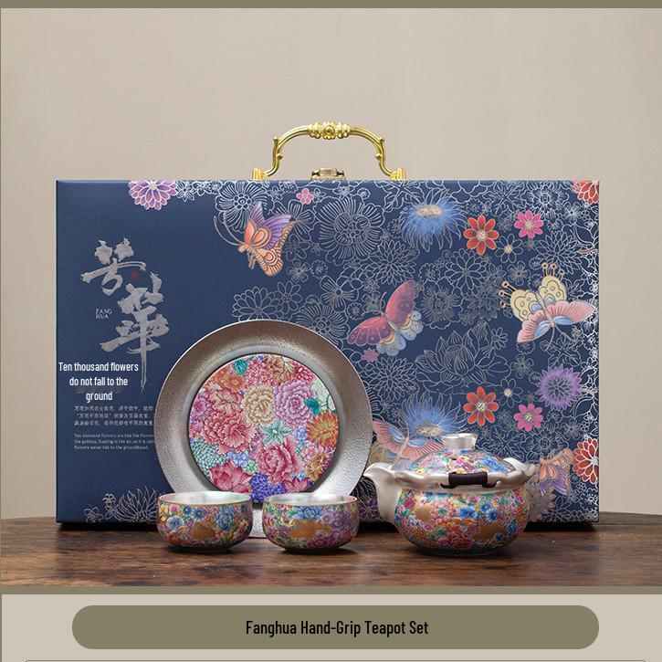 Gilded Silver Kung Fu Tea Set - Luxury Teapot Gift Box for Housewarming or Gifts to Elders and Leaders Gilded Silver Set with Handheld Teapot