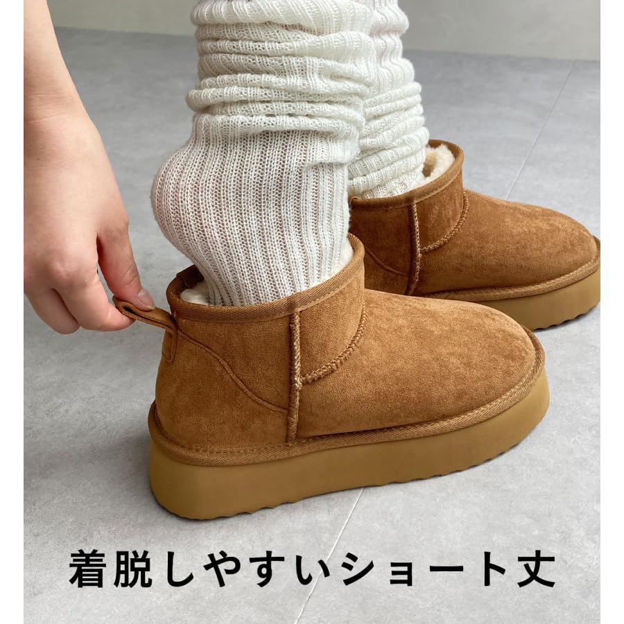 Oriental Traffic Fashion Boots, Short Sheepskin Boots with Thick Soles and Fur, Warm and Lightweight, Black, Size 24.0-24.5 cm