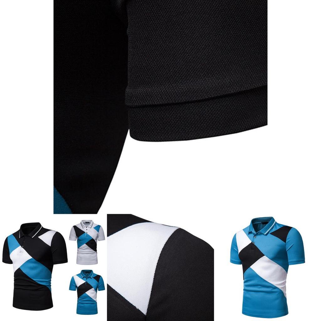 Classic Men's Lapel Tee Top Short Sleeve Splicing T Shirt With Premium Cotton Blend