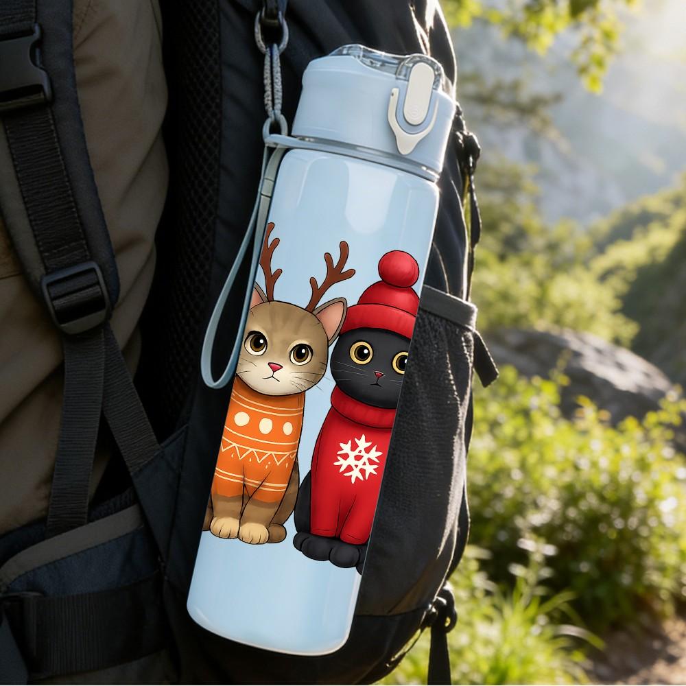 1PC Three Cat Winter Scarf Art 750ml Color Plastic Sports Water Bottle Leakproof Flip Straw Lid Suitable for Sports Office Home Use