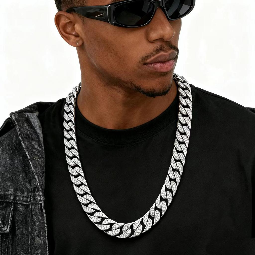 Trendy Cuban Chain Full Of Diamonds, Thick Necklace, Bracelet Combination, Hip-Hop Street Hipster Personality Rap Accessories