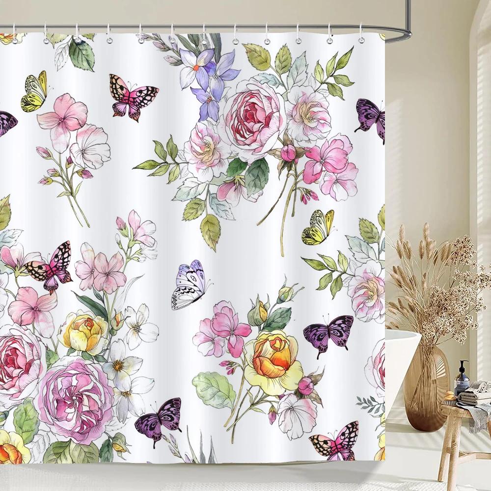 Flower Butterfly Tulip Bath Curtain Waterproof Fabric Shower Curtains Floral Leaf Bathtub Screen for Bathroom Home Decor