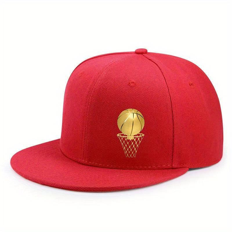 Gold Basketball Hoop Logo Flat Brim Snapback Hat Polyester Adult Unisex Outdoor Casual Cap