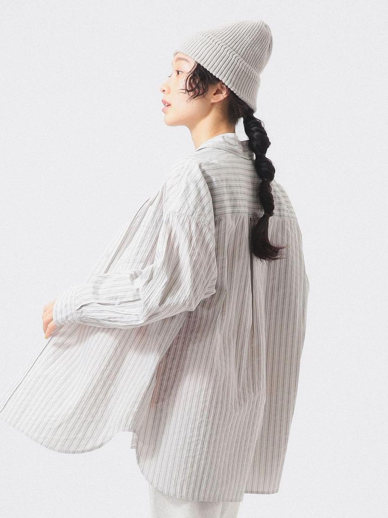 [BEAMS BOY] Long-Sleeve Dobby Stripe Big BD Shirt for Women, Grey, Free Size