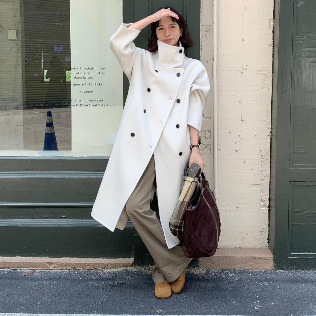 Autumn and winter new stand-up collar double-sided cashmere coat women's loose high-end double-breasted woolen coat