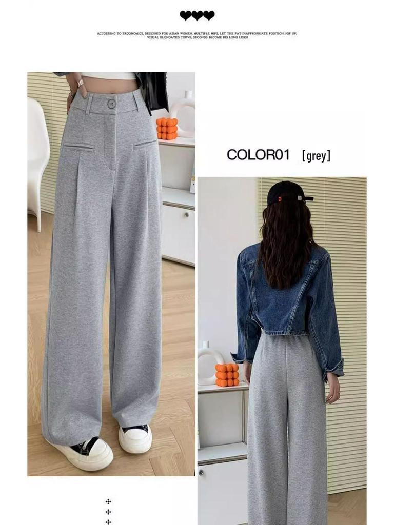 145cm Women's High Waist Slim Fit Wide Leg Knitted Sweatpants, Floor-Length for Autumn, Petite Size.