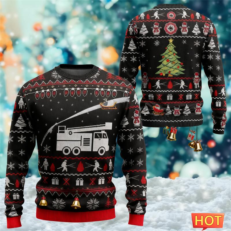 Fashion Fire Truck Graphic Ugly Christmas Sweater For Men Trendy Streetwear O Neck Sweatshirts Loose Streetwear Tops
