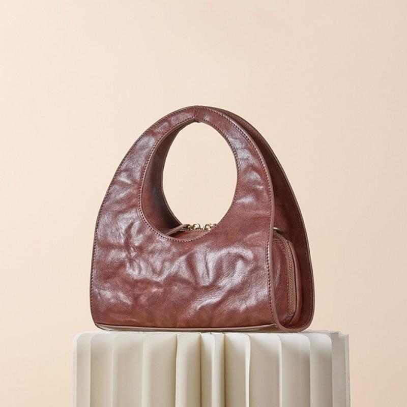 Retro Top Layer Vegetable Tanned Cowhide Leather Handbag Women Small Commuting Crossbody Shoulder Bag