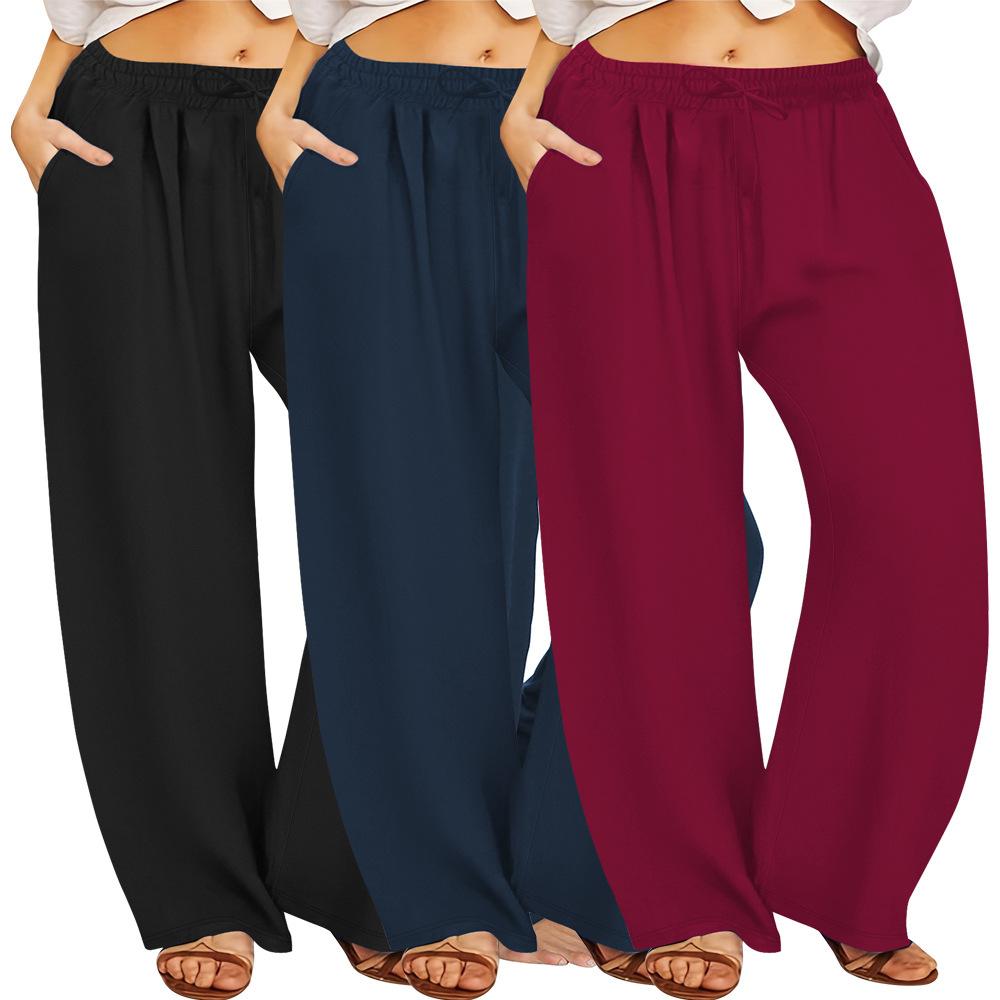 Plus Size Wide-Leg Straight-Leg Casual Pants with Pockets Women's Loose Drawstring Wide-Leg Pants