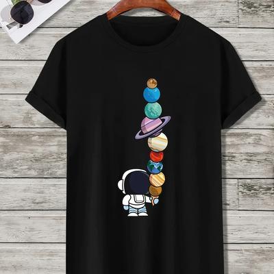 Mens Cartoon Cotton Tee Astronaut and Planet Print Best Sale