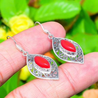 Natural Italian Red Coral Gemstone 925 Sterling Silver Earring 1.73" W4D44