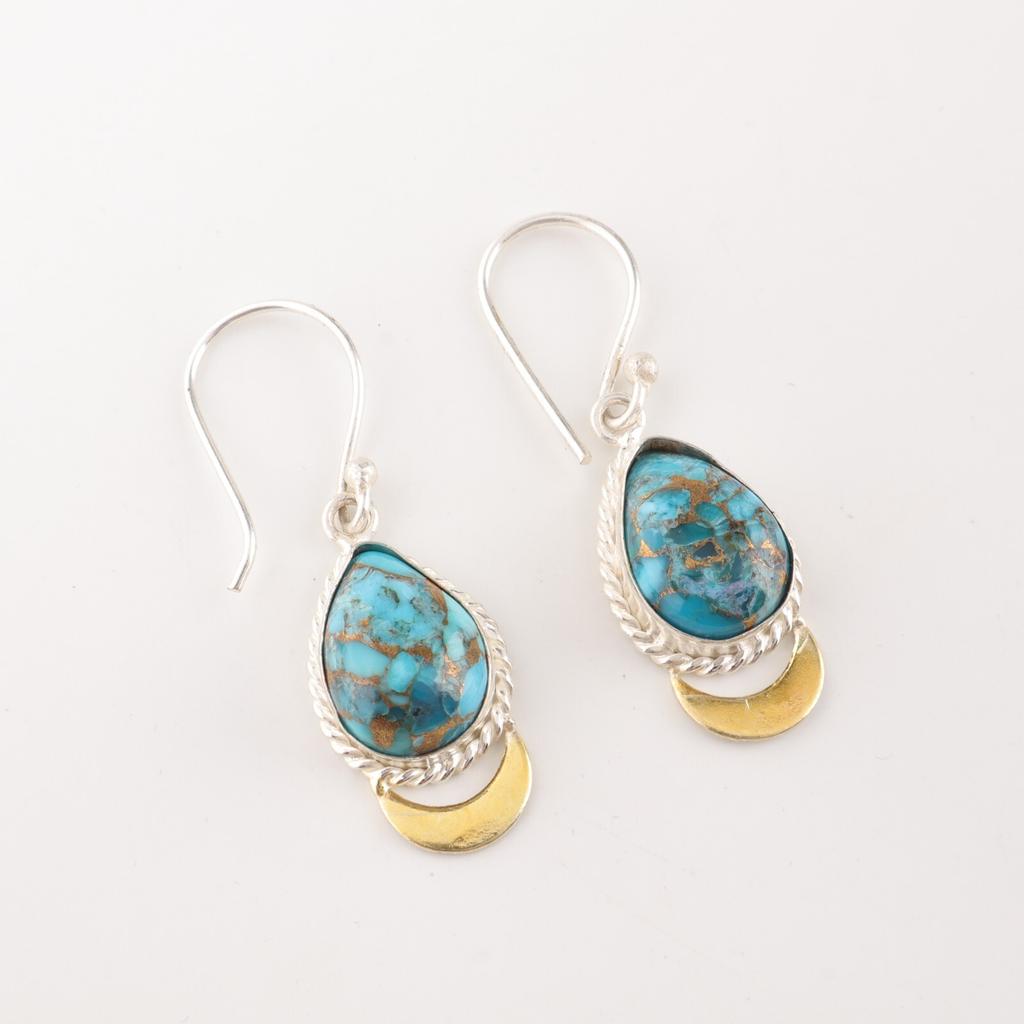 Blue Copper Turquoise Gemstone 925 Stamped Silver Handmade Jewelry Hook Earrings EE-162-42