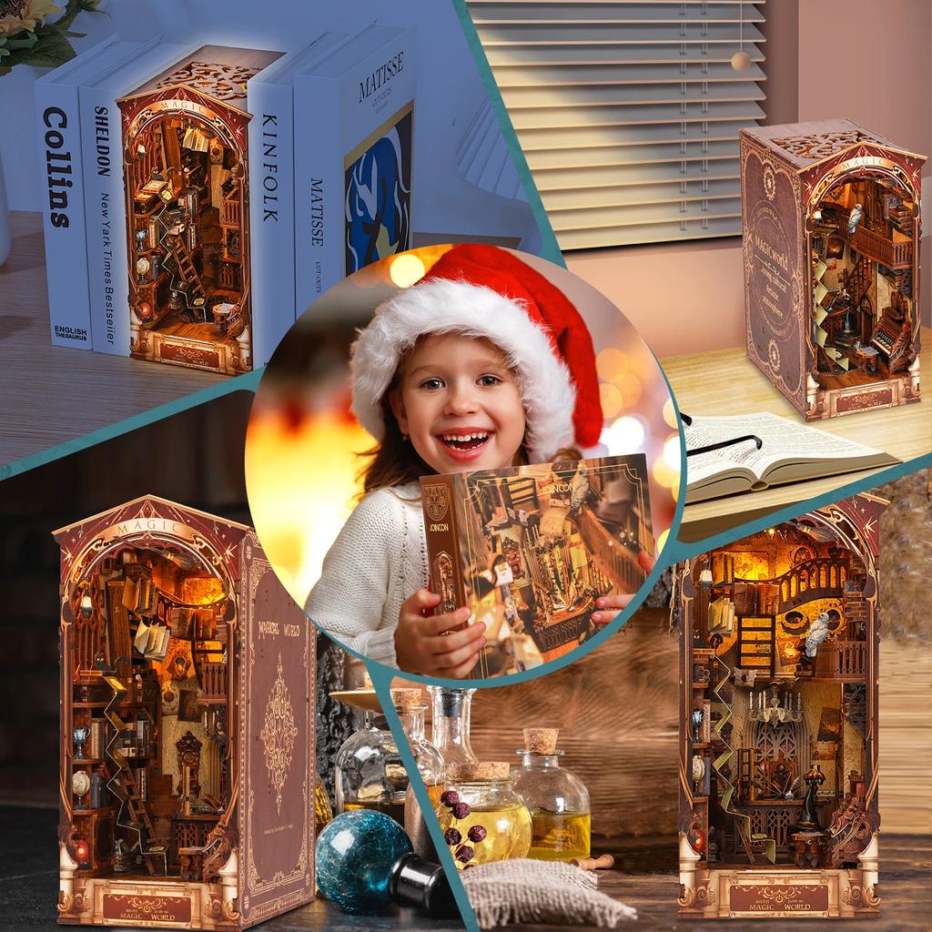 DIY Book Nook Kit 3D Wooden Puzzle Bookshelf Insert Decor with LED Light Decorative Bookshelf Insert Bookend Building Kits