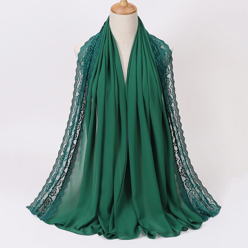 Solid Color Silk Scarf Lace Edge Ramadan Headscarf Versatile Sunscreen Shawl  Women Headwear