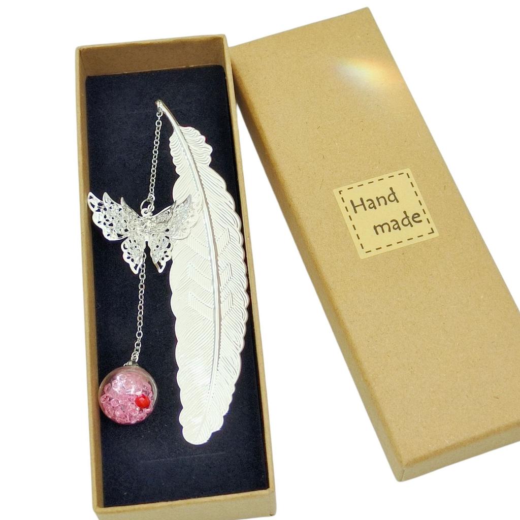 Chinese Style Dried Flower Bookmark with Feather, Metal Butterfly & Tassel - Ideal Teacher's Day Gift