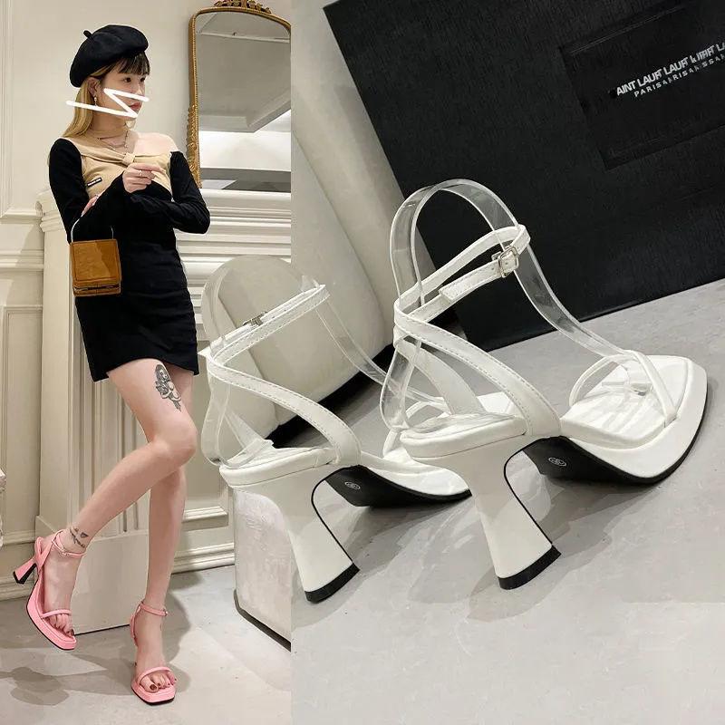 2025 summer thick heel with high heels design sense niche pink sexy waterproof table square head sandals women