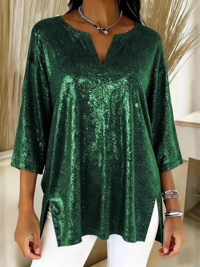 2025 Europäisches & Amerikanisches Damen Glänzendes V-Ausschnitt Locker Gespaltenes Ärmel Oberteil