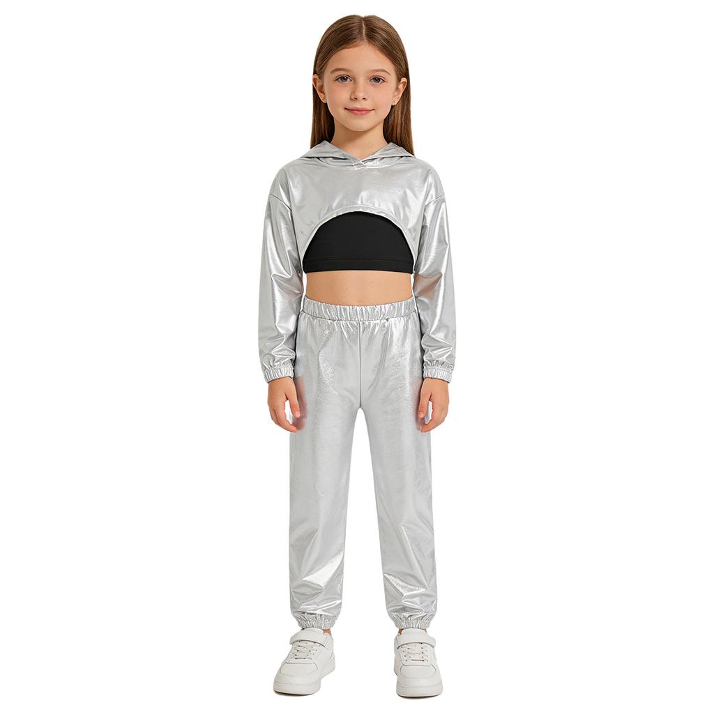 Girls Hip Hop Jazz Dance Costume 3 Piece Set Metallic Cropped Hoodie Sleeveless Keyhole Back Vest Pants