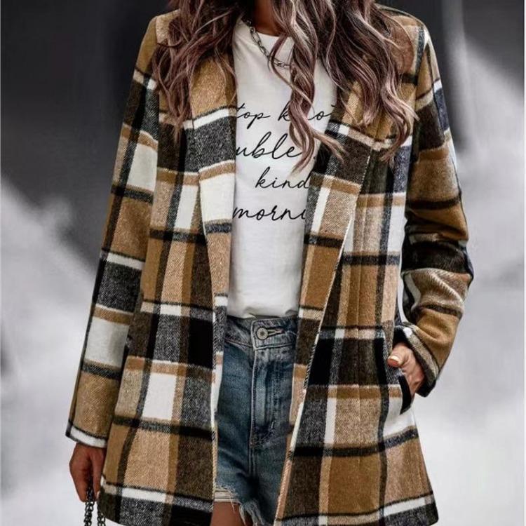 Women Vintage Casual Winter Wool Long Sleeve Loose Coat Polo Neck Jacket Plaid Print Pocket Outerwear