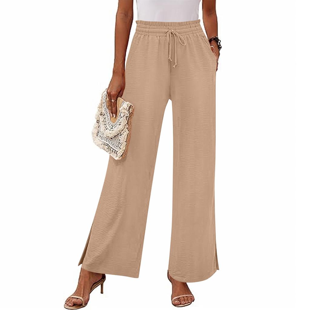 Women's Fashion Loose Wide Leg Pants Slits At The Cuffs Elastic Waist Drawstring Pockets Casual Pants