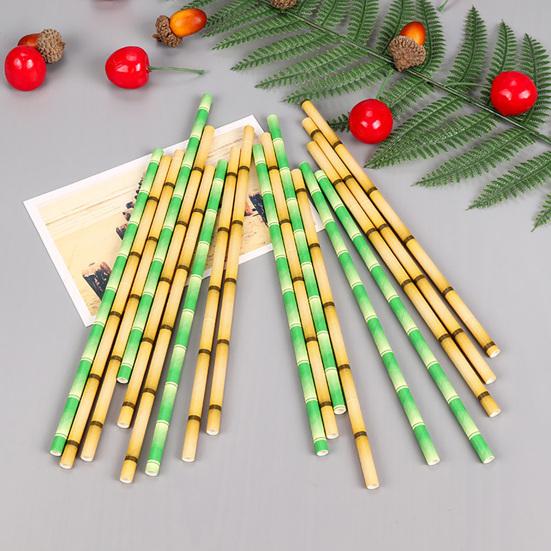 50Pcs Paper Straw Flat Mouth Bright Color Bamboo Pattern No Odor Eco-friendly Drinking Long Tropical Party Beverage Straw for Club