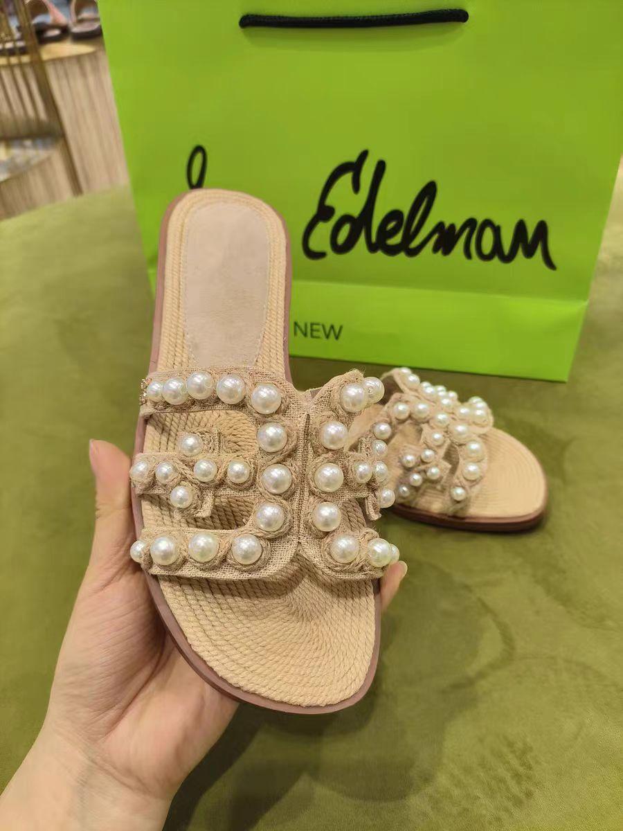 

~ Версия из овчины Юй Шусинь H жемчужные однословные тапочки для женщин, носящих плоские сандалии, обувь для пляжного отдыха для женщин 40